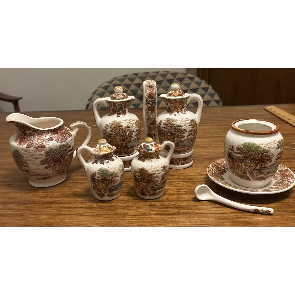 Brown Japan Nasco Village Transferware Cruet, Salt & Pepper, Spoon, Pitcher, Etc